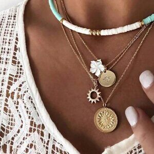 Boho Gold Tone Seashell Flower Sun Multilayer Necklace